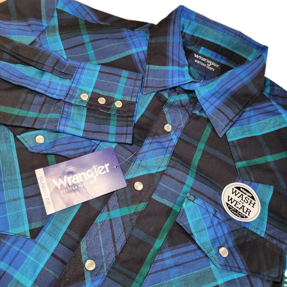 WRANGLER Pearl Snap Shirt Long Sleeve Mens Medium Blue Black Plaid Western NEW